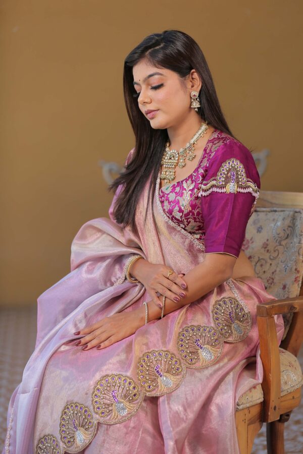 Pink Tissue Silk Saree With Banarsi Blouse