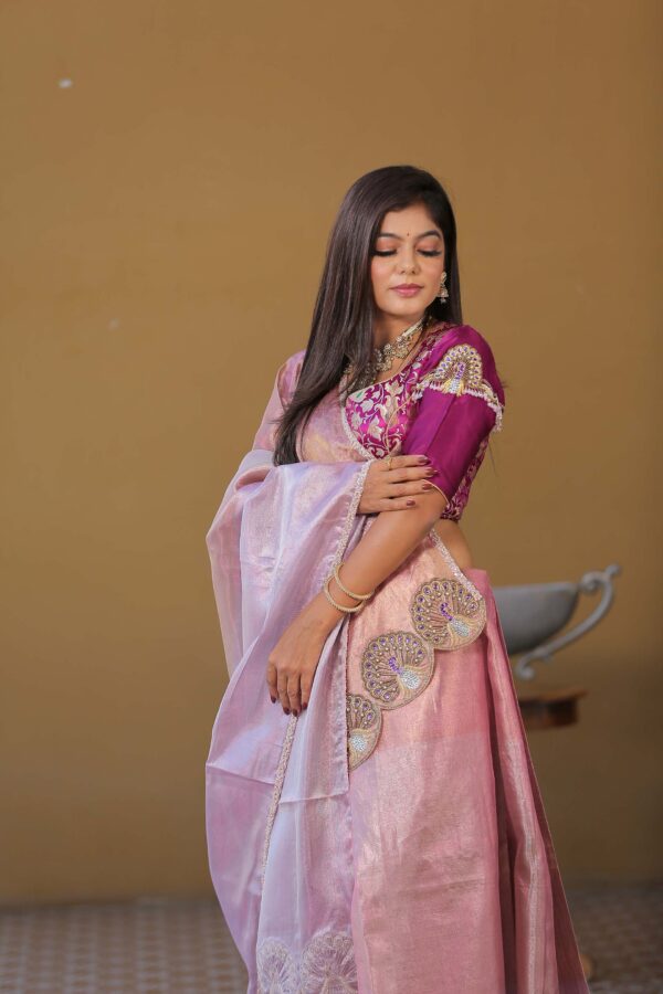 Pink Tissue Silk Saree With Banarsi Blouse - Image 3