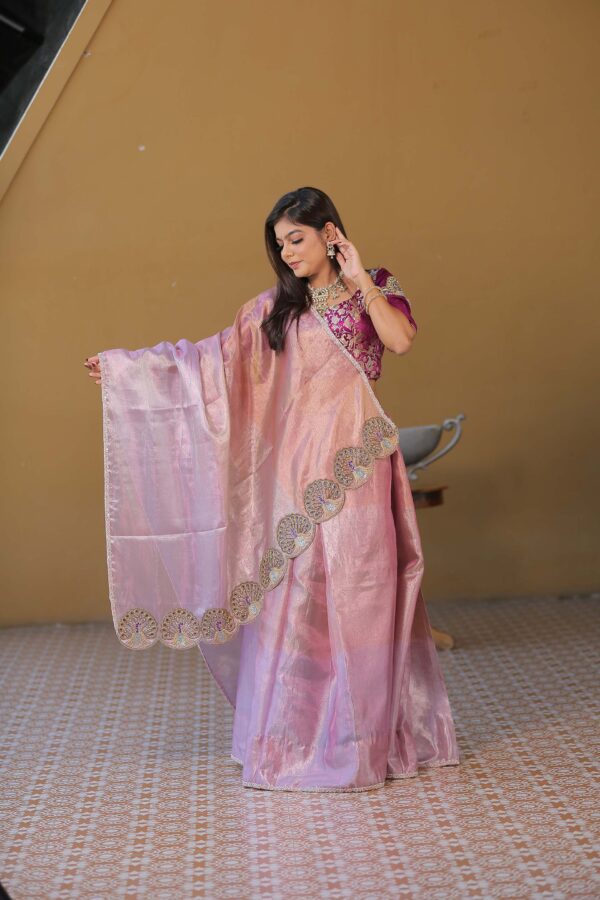 Pink Tissue Silk Saree With Banarsi Blouse - Image 2
