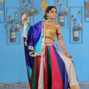 Golden Tissue Silk Blouse Multi Banarsi Lahenga With Gajjisilk Duppta