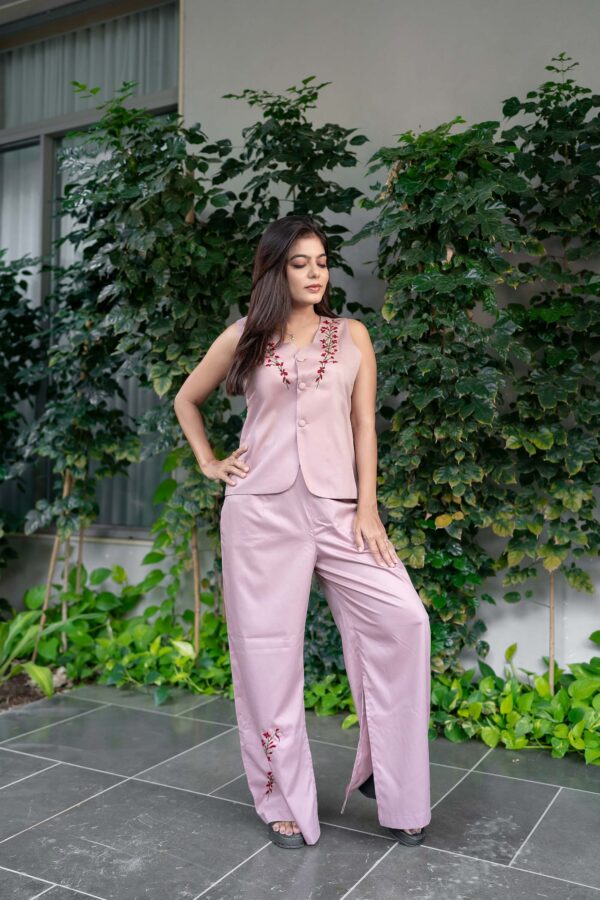 dusky pink waistcoat and trouser cotton blended material thread work