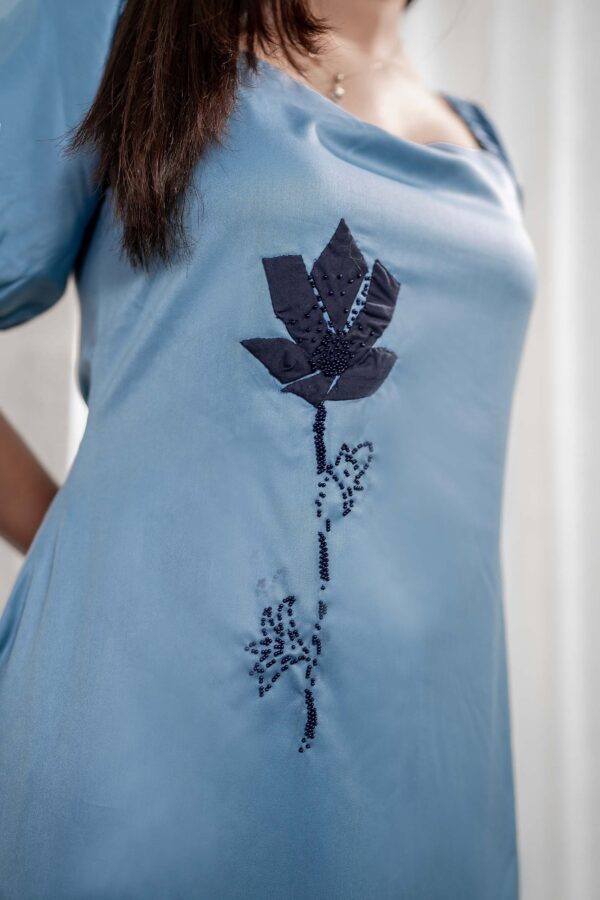 sky blue one piece cotton blend material patch work with pearl - Image 2